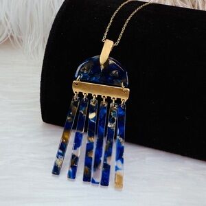 Vintage Aged goldtone bronze tone Blue Matchstick drop Pendant Necklace JV tag